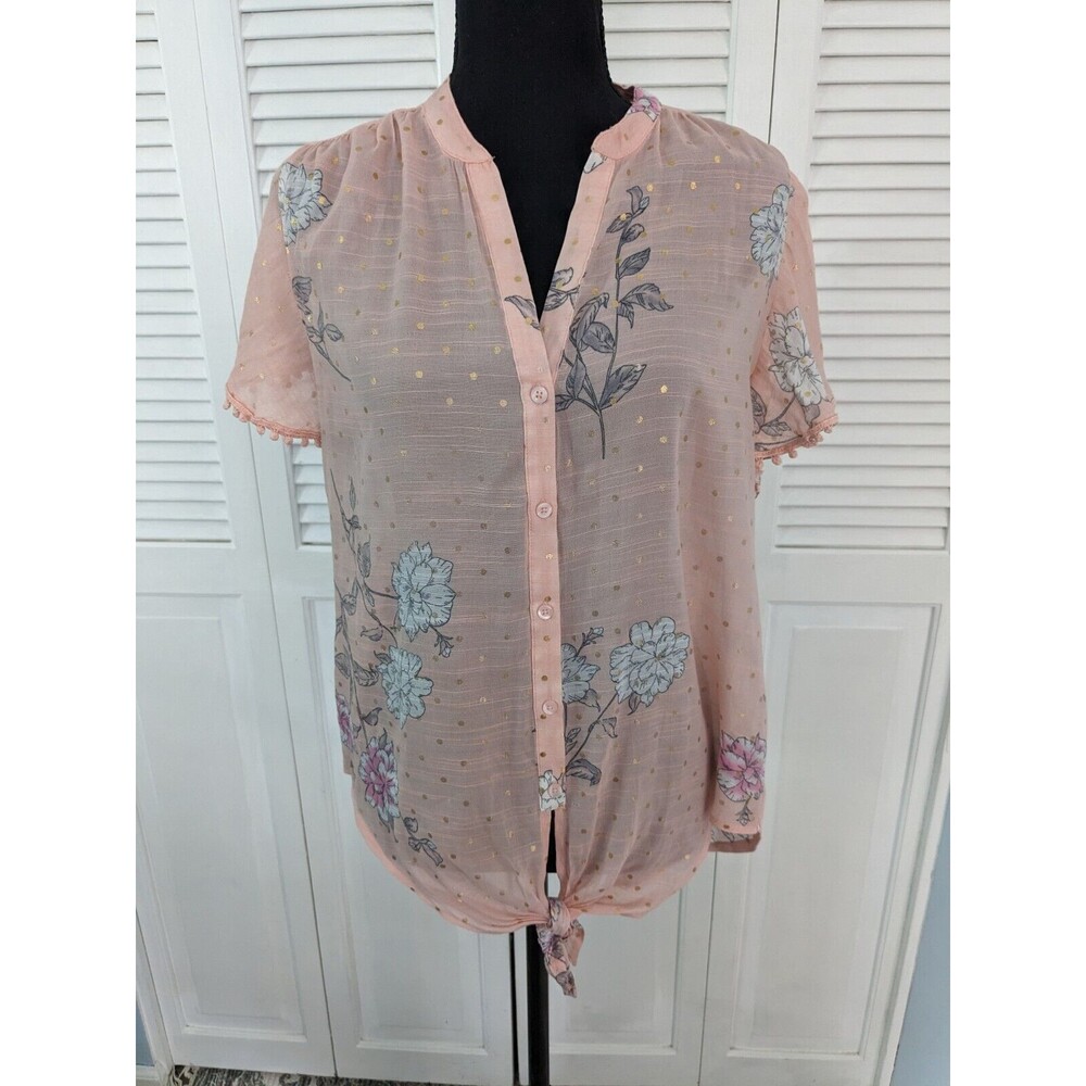 Harve Benard Top Womens Sz L Peach Pink Floral Flutter Sheer Romantic Blouse